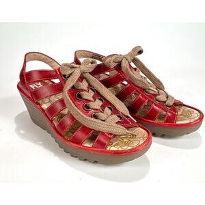 Fly London Women’s Yito Leather Lace Up Wedge Sandals Sling Back Red Sz 40 US 9